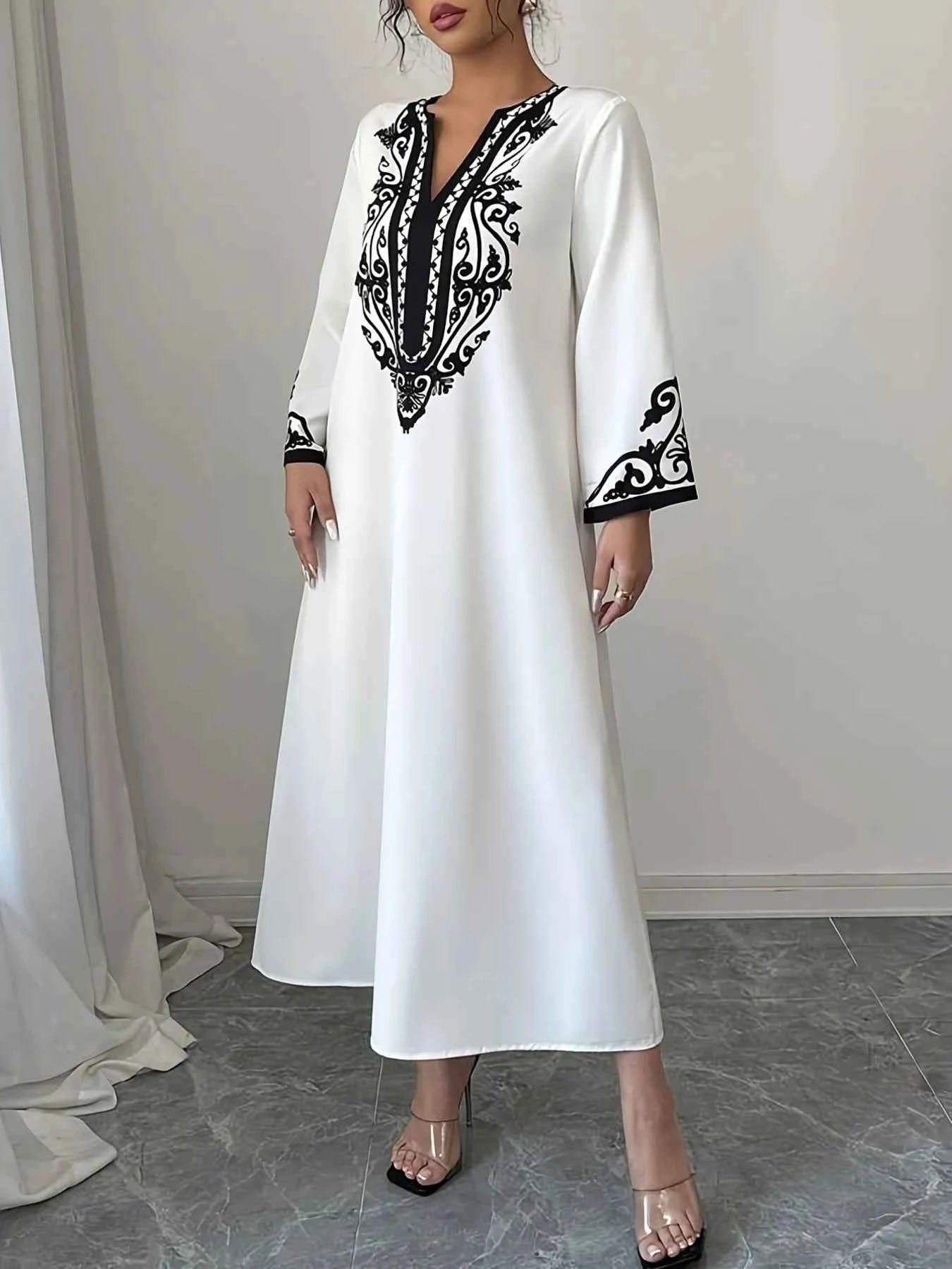Printed Notched Long Sleeve Midi Dress White ea2bcfc9c3eb4b1e81910c0d1a672161-Max-Origin