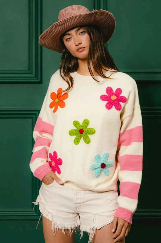 Colorful Floral Patched Sweater with Striped Sleeve ea2d5d680cae4c6d94d7b23b40071440-Max-Origin