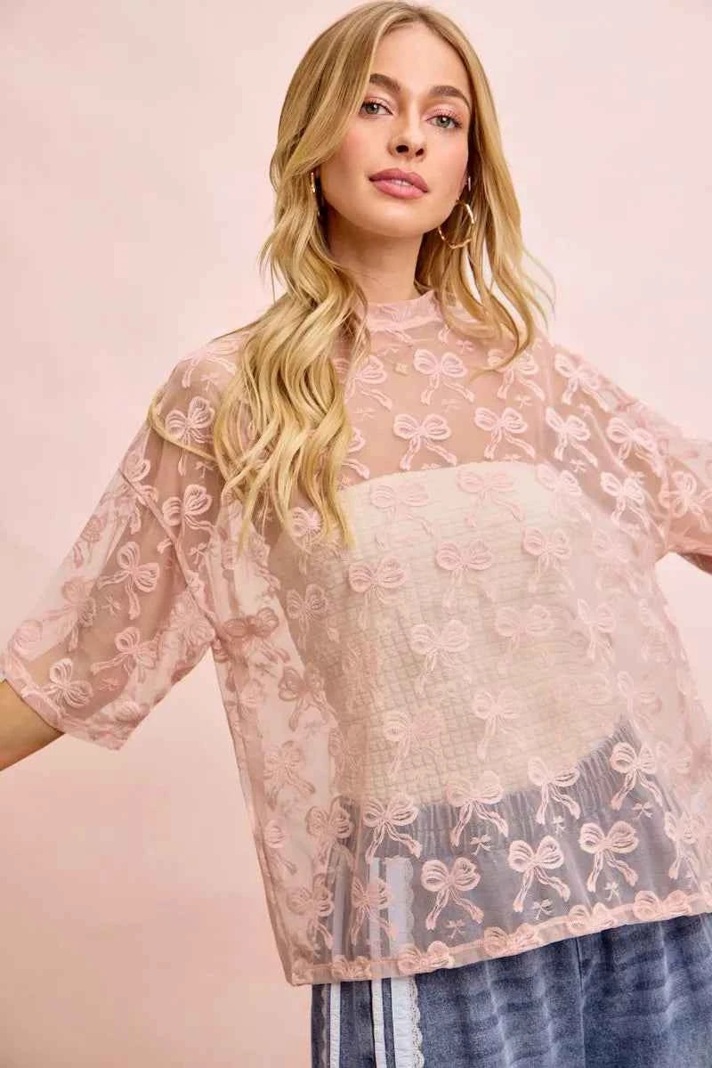 BiBi Bow Pattern Short Sleeves Boxy Mesh Top ea3202365991467f8e4485677d9bf5b3-Max-Origin