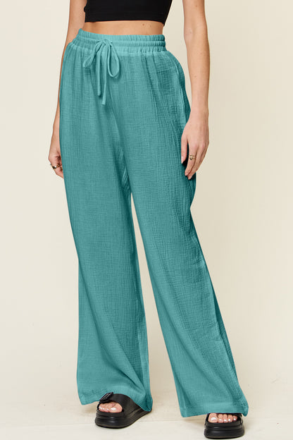 Double Take Full Size Texture Drawstring Wide Leg Pants