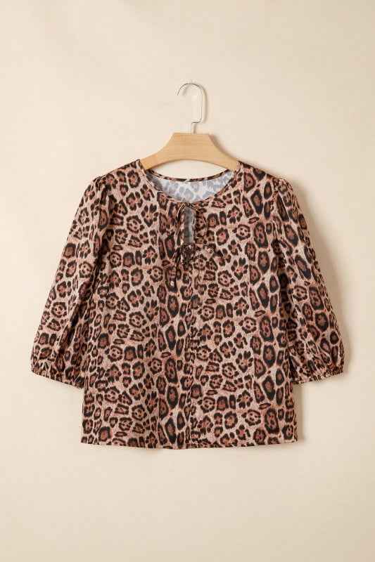 Leopard Bow-Tie Puff Sleeve Blouse Brown ea352bbb-69f0-46cd-9a52-d643a6d4857d