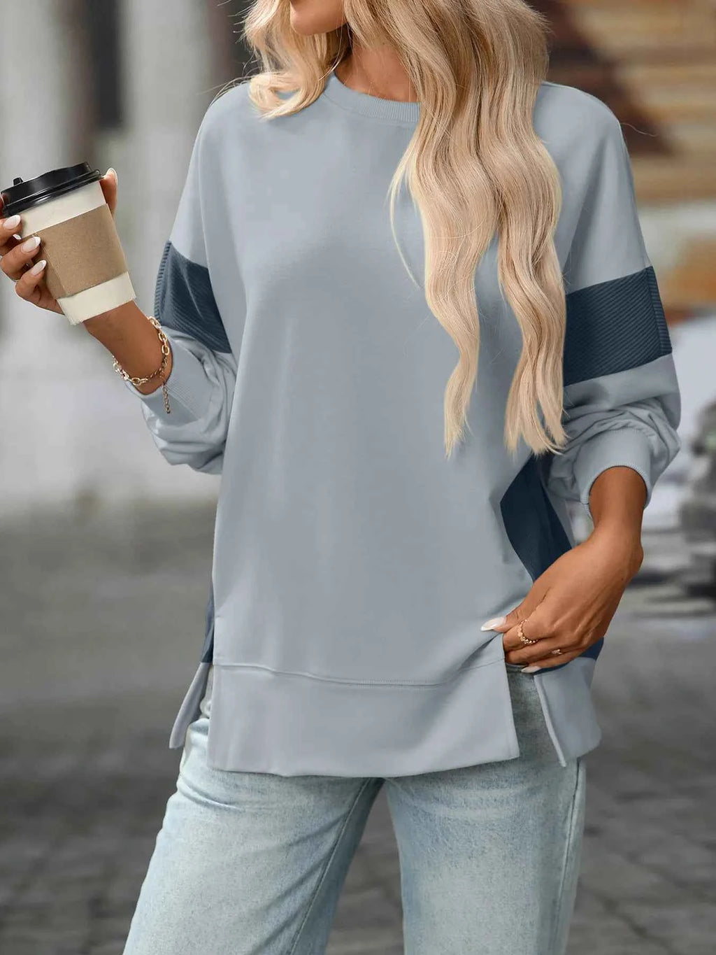 Slit Round Neck Long Sleeve Sweatshirt ea3b715277034fee947b51c084671c20-Max-Origin