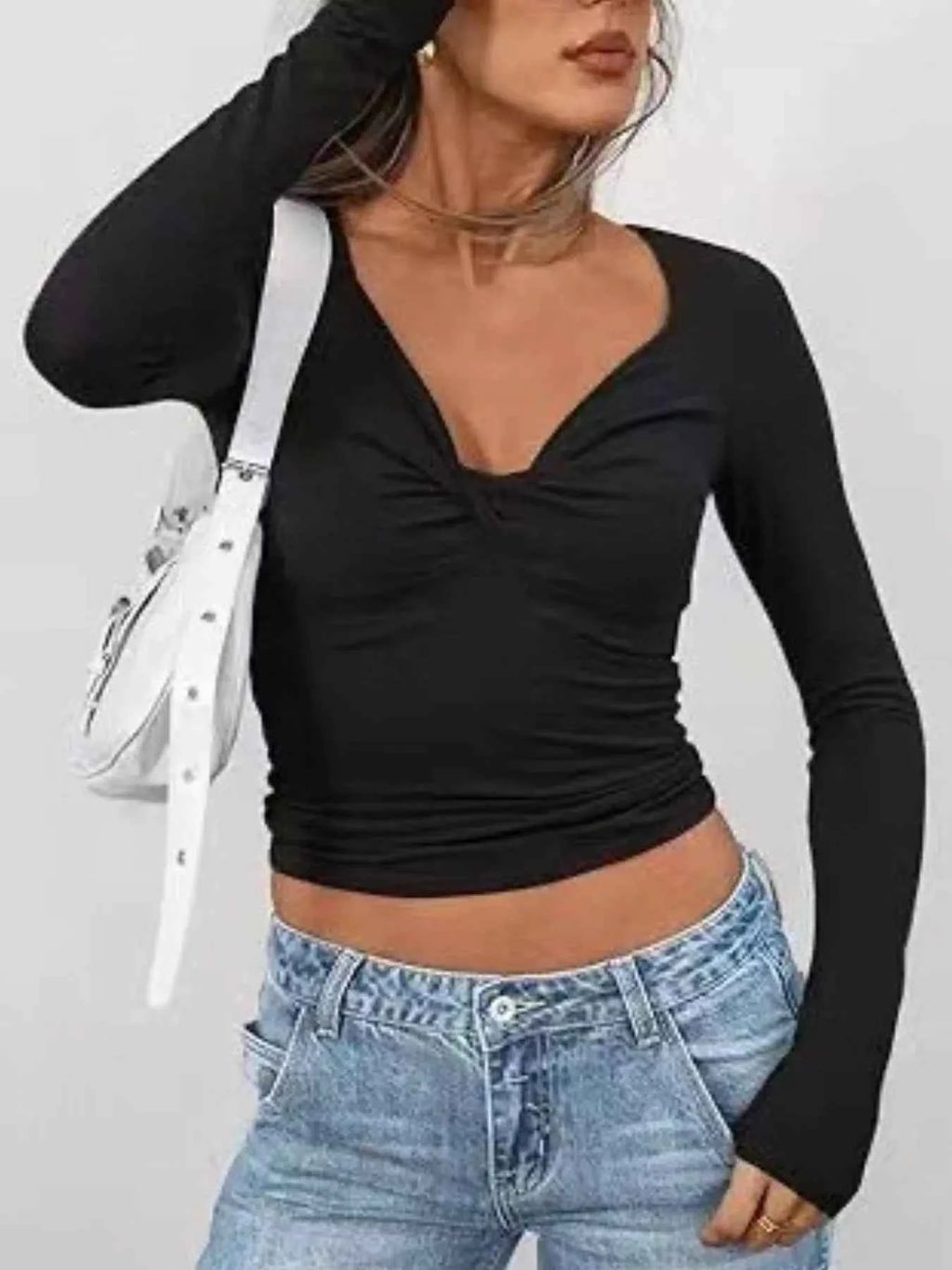 Twist Front Long Sleeve Fitted T-Shirt Black ea3bd736-29ed-457e-87a3-e4169b29f5c2-Max-Origin