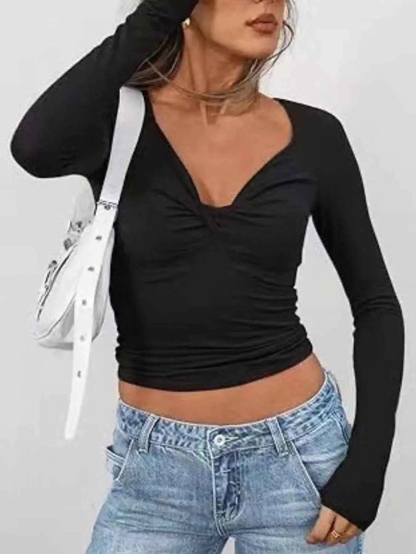 Twist Front Long Sleeve Fitted T-Shirt Black ea3bd736-29ed-457e-87a3-e4169b29f5c2-Max-Origin