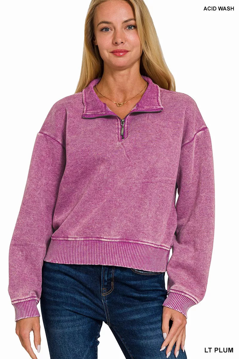Zenana Acid Wash Fleece Half Zip Sweatshirt LT PLUM ea4797564ecd4ac1b79749ee541b2bd4-Max-Origin