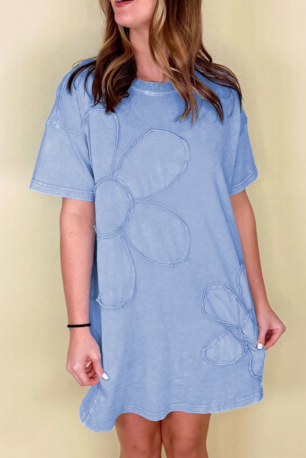 Sky Blue Mineral Wash Flower Patchwork Mini T Shirt Dress Sky Blue ea48e6489bde817a