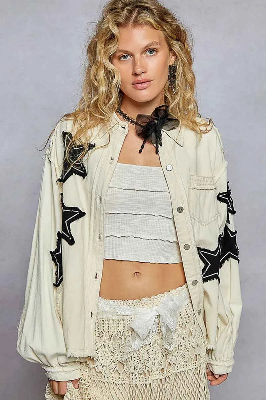 POL Star Patch Raw Hem Button Up Denim Jacket Cream ea4cd25b-dd3c-441e-a448-a4bdba9c9e71-Max-Origin