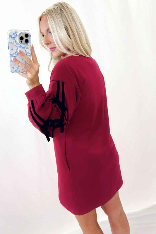 Racing Red Contrast Striped Bow Detail Drop Shoulder Sweatshirt Dress with Pockets ea4d99d1411632a1
