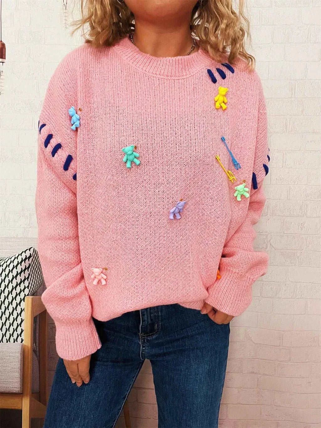 Bear Decoration Round Neck Sweater Pink One Size ea54741efe664dd39c89a80561769367-Max-Origin