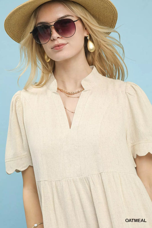 Linen Tiered Babydoll Dress with Scalloped Sleeves ea54c44d-f18b-43c2-a574-5cbec078a806-Max-Origin