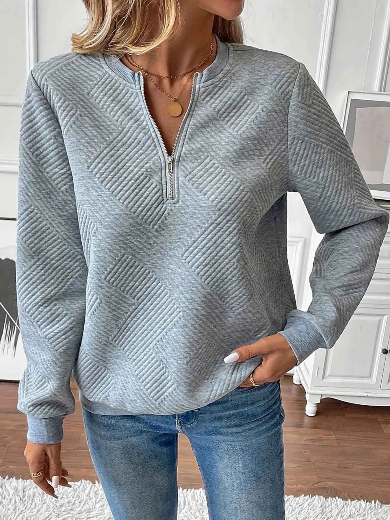 Quarter Zip Textured Long Sleeve Sweatshirt Gray ea6ad98a89c54eb59948681a60ff9688-Max-Origin
