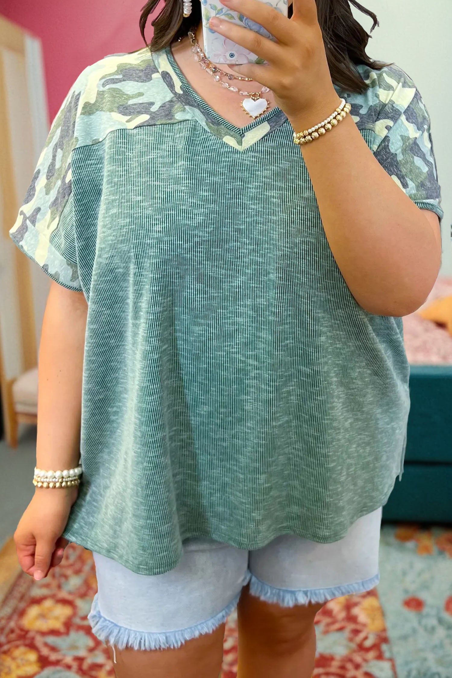 Mist Green Ribbed Camouflage Patchwork Plus Size V Neck Tee Mist Green 100%Polyester ea72b334d5a0c23d
