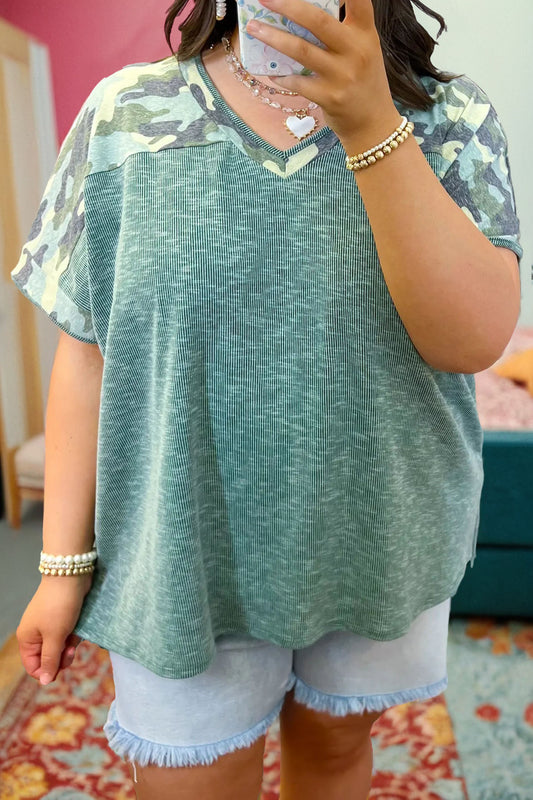 Mist Green Ribbed Camouflage Patchwork Plus Size V Neck Tee Mist Green 100%Polyester ea72b334d5a0c23d