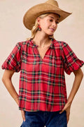 BiBi Christmas Plaid Short Sleeves Ruffled Blouse RED PLAID ea7c1e963f0a4f989f50f4c496e23b4b-Max-Origin