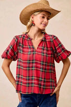 BiBi Christmas Plaid Short Sleeves Ruffled Blouse RED PLAID ea7c1e963f0a4f989f50f4c496e23b4b-Max-Origin
