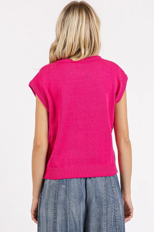 Mittoshop Contrast Letter Round Neck Cap Sleeve Knit Top ea85020b-d2ef-49e9-9052-0b49ff414318-Max