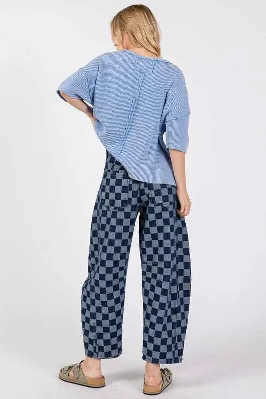SAGE+FIG Barrel Style Leg Checkered Print Jeans ea86901371af42c8b39a58845fb4448a-Max-Origin