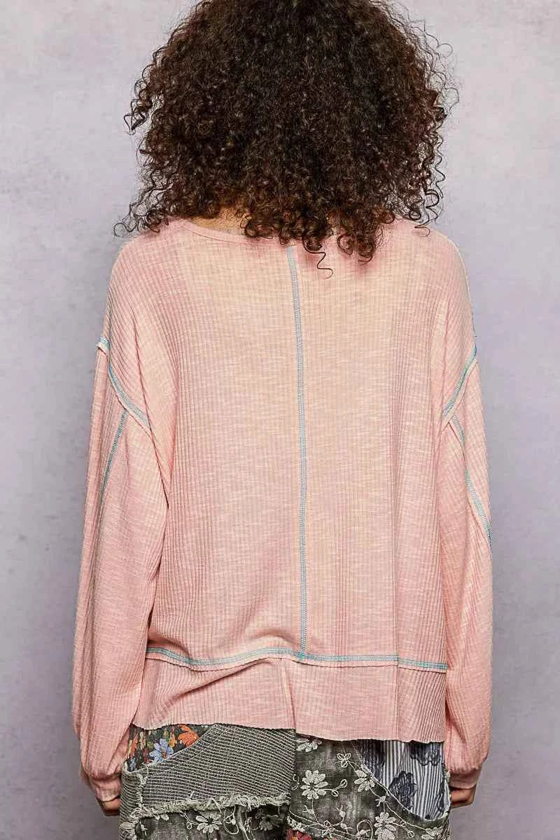 POL Round Neck Long Sleeve Exposed Seam Top with Chest Pocket ea888a00-2c27-4205-b195-3d787a9191ba-Max-Origin