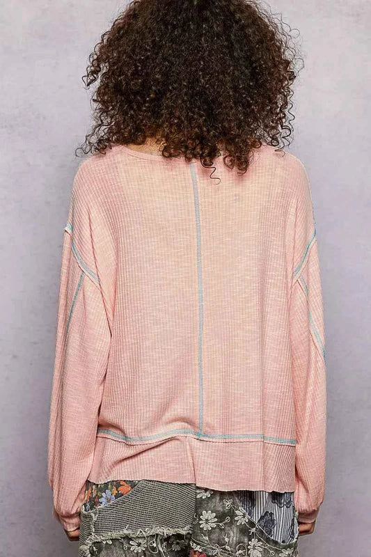 Round Neck Long Sleeve Exposed Seam Top with Chest Pocket ea888a00-2c27-4205-b195-3d787a9191ba-Max-Origin