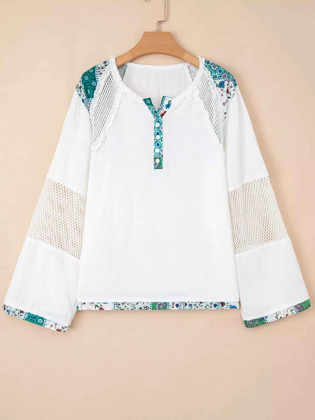 Mesh Patched Color Block Half Button Blouse ea897171e45843be9bbe6b2623a90ea6-Max-Origin