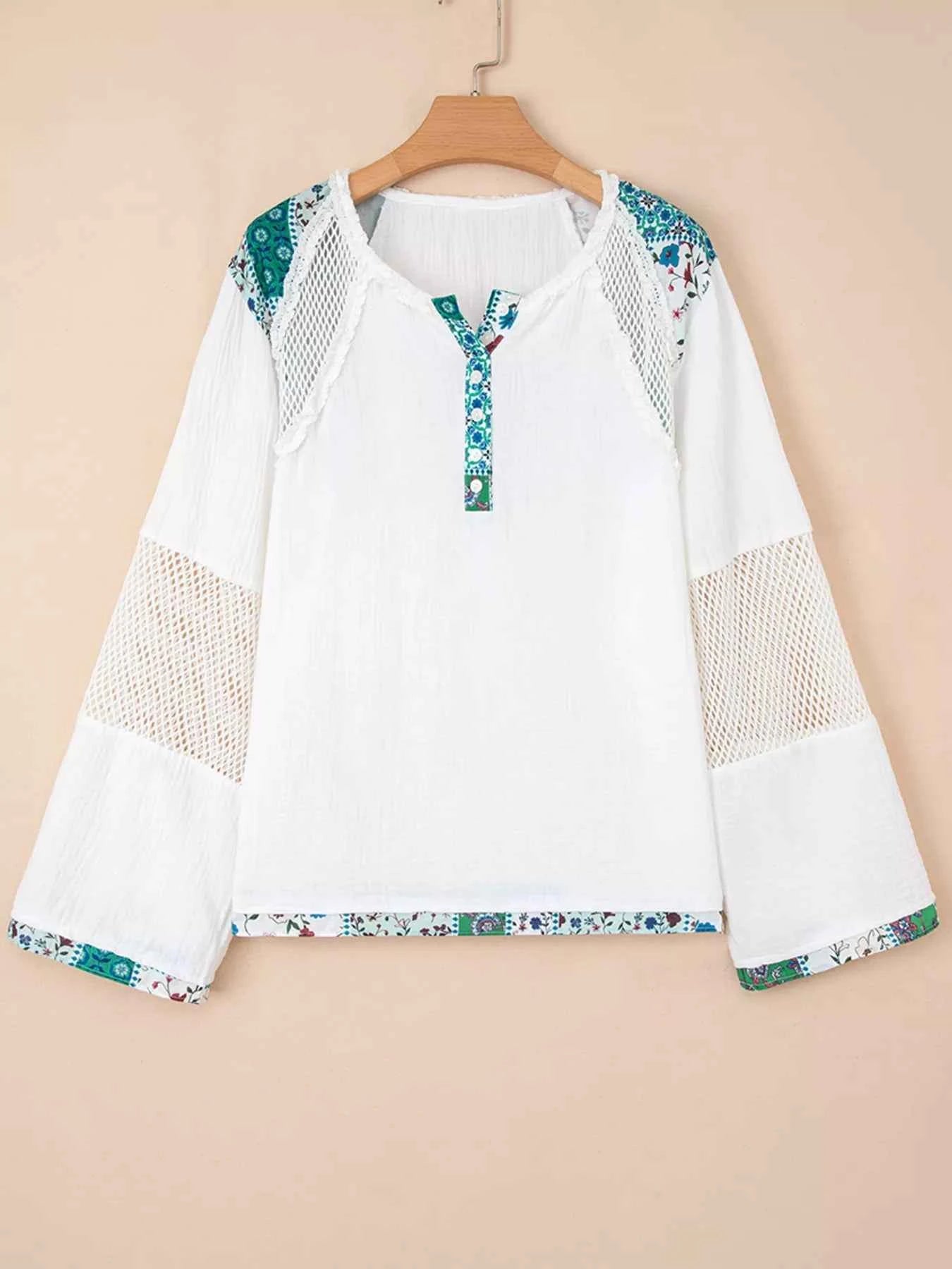 Mesh Patched Color Block Half Button Blouse ea897171e45843be9bbe6b2623a90ea6-Max-Origin