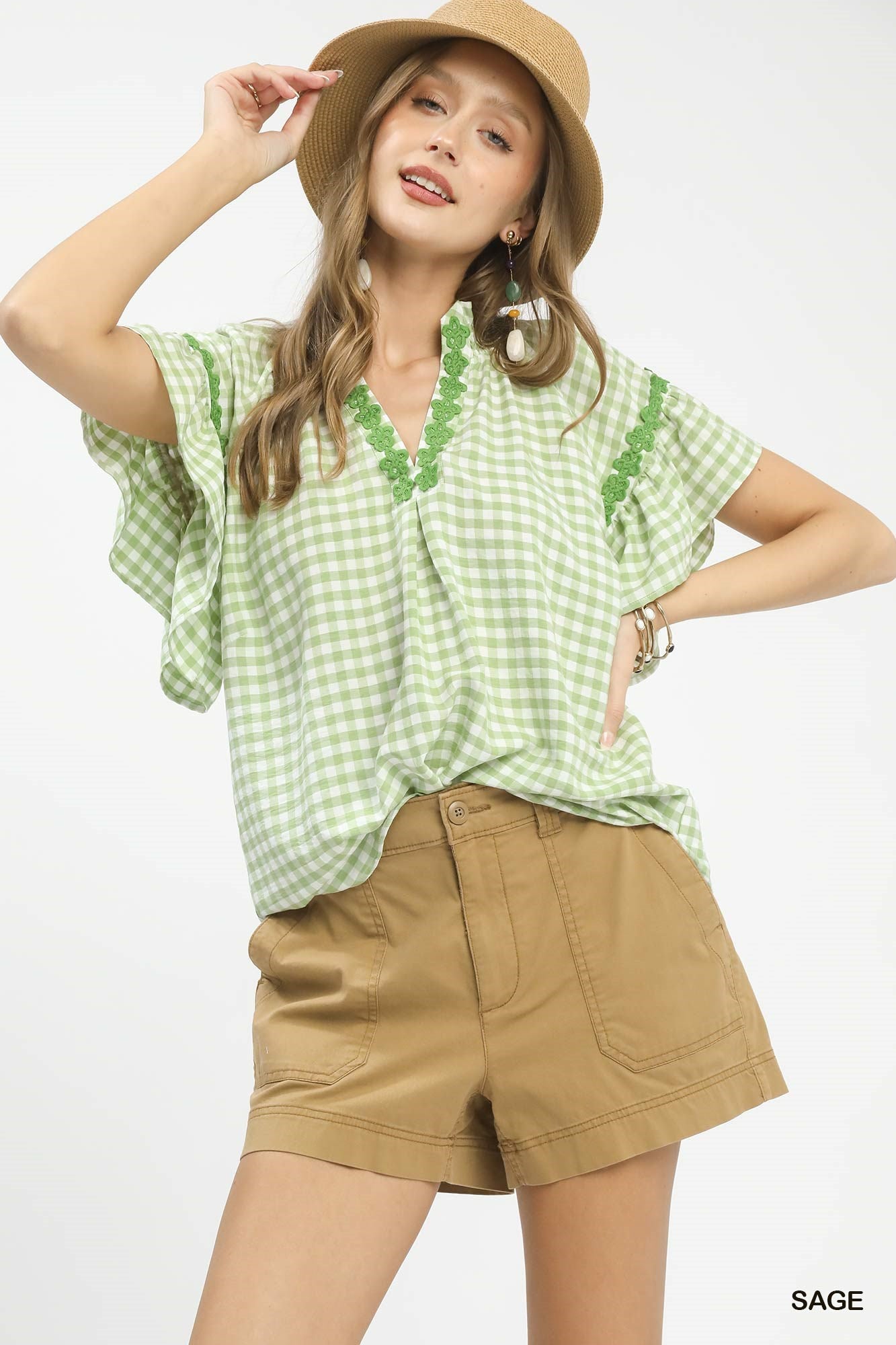 Umgee Gingham Lace Trim Top SAGE ea8d5e4b-60fa-4e98-af2f-afb785bf45b9-Max