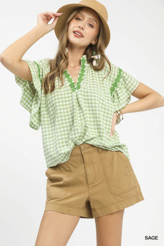 Umgee Gingham Lace Trim Top SAGE ea8d5e4b-60fa-4e98-af2f-afb785bf45b9-Max