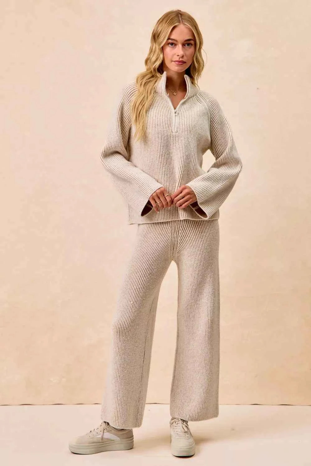 Two Tone Rib Texured Knit Collared Top with Zip Up ea8f9754ea764a06a273ae6bb5854067-Max-Origin