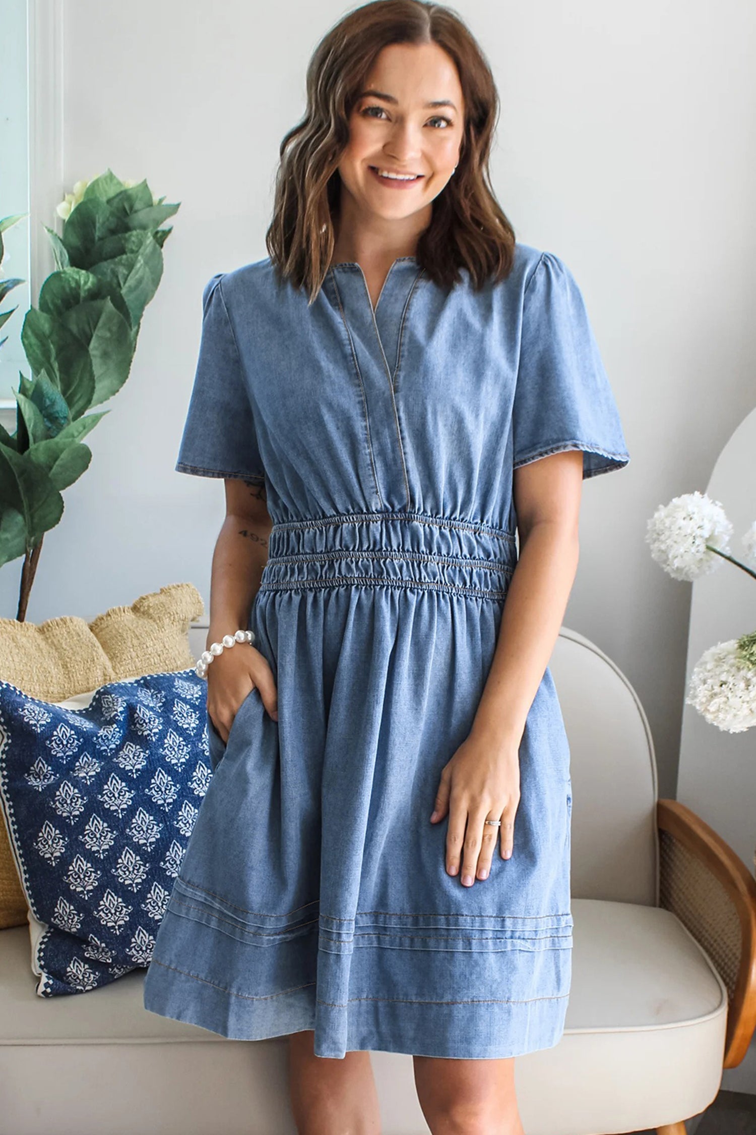 Myosotis Elastic Waist Short Sleeve Denim Mini Dress ea92a85b63595dc4
