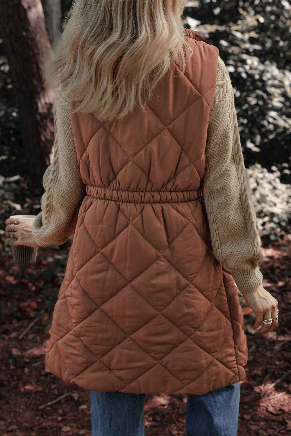 Coffee Puffer Quilted Stand Collar Pocketed Vest Coat ea960ccb9948fc9d