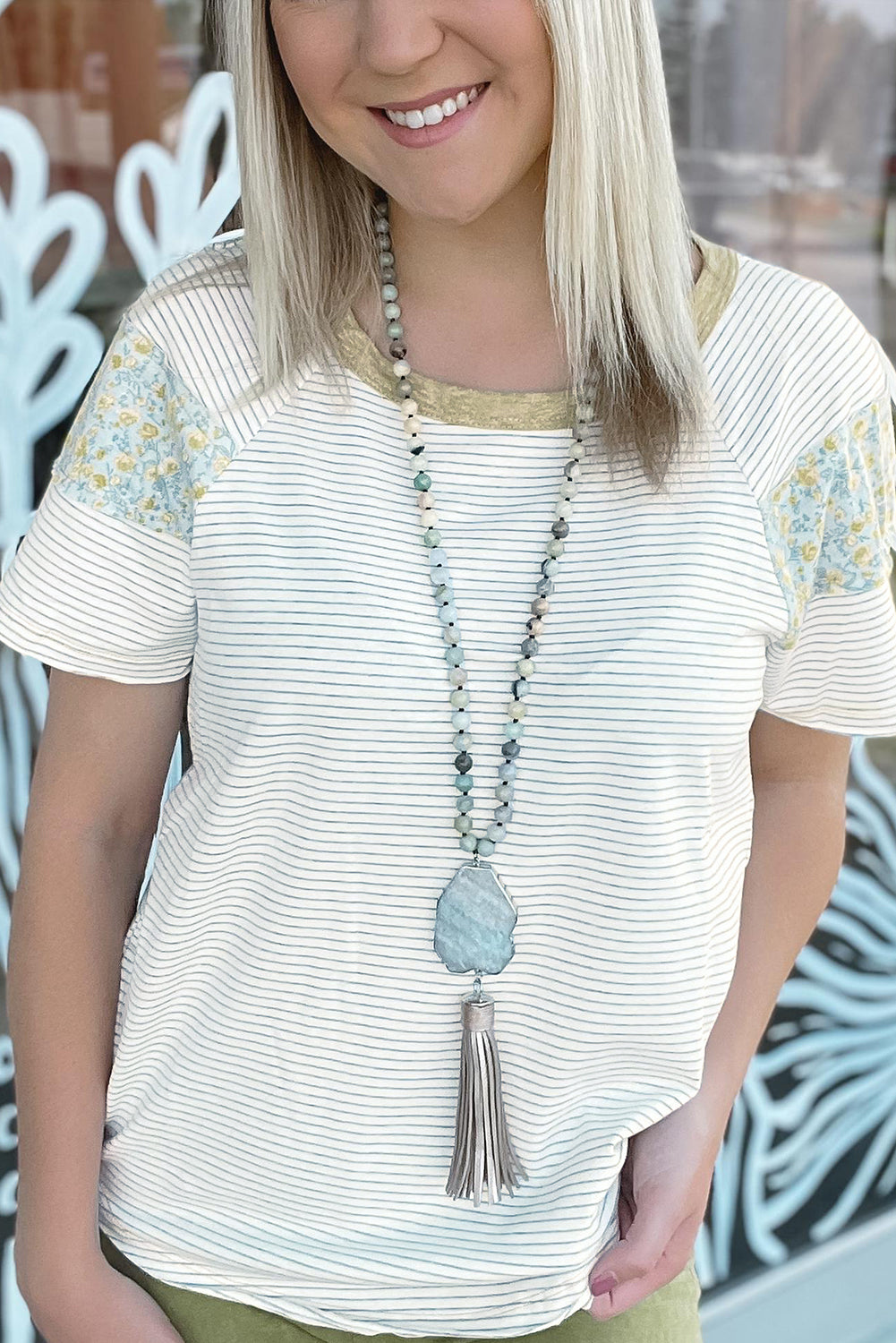 White Striped Floral Patchwork Sleeves Contrast Round Neck T Shirt eaa4187638e8bf3f