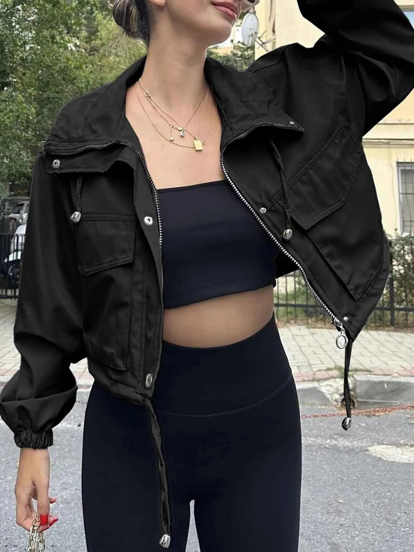 Drawstring Hem Zip Up Jacket Black eaa5ab77297a4ecf9b8a5e7ddea7228c-Max-Origin