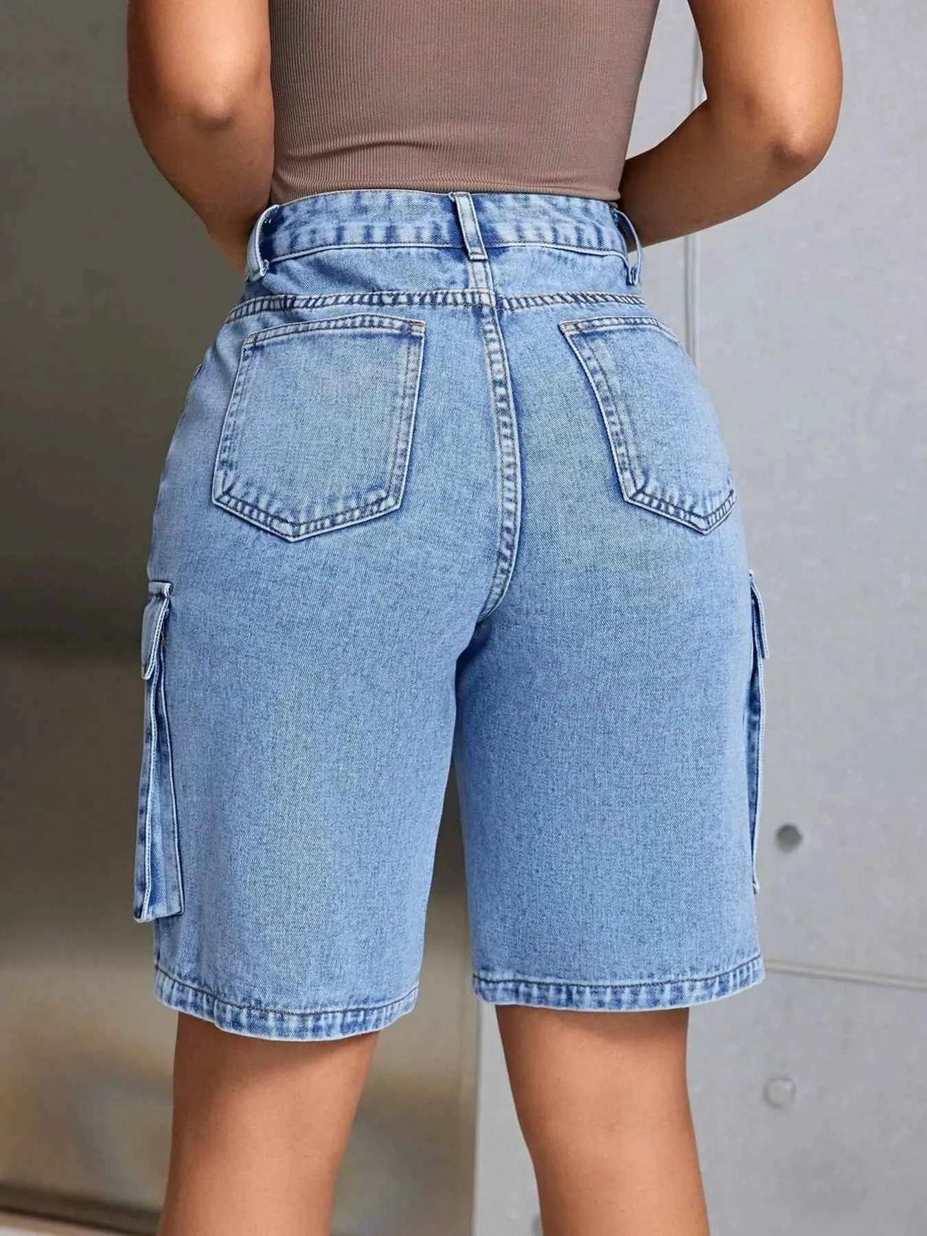 High-Waisted Cargo Denim Shorts