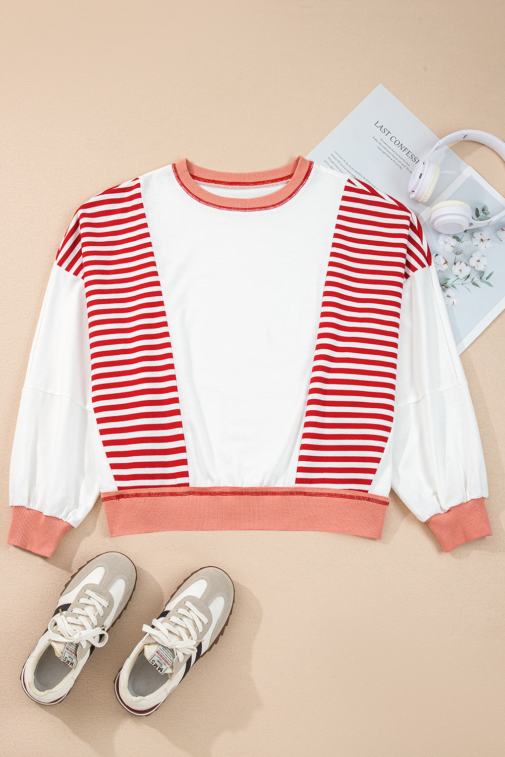 Red Striped Colorblock Patchwork Oversized Sweatshirt eaaa157eb8dc54db