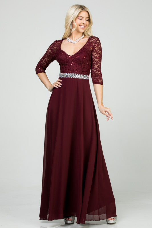 Plus Size A-Line Evening Dress – 3/4 Sleeve Lace Rhinestone Waist Gown Burgundy eaaa2ff3-62c5-4649-a5ce-97dcb5a2b9fe