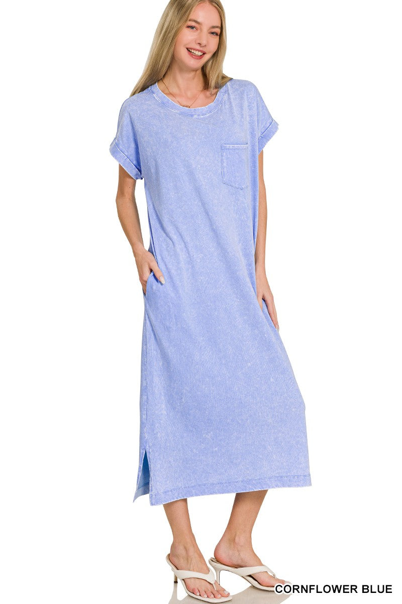 Zenana Washed Exposed Seam Short Sleeve T-Shirt Dress CORNFLOWER BLUE eaac95a339d84dfe9df707683b0b9039-Max