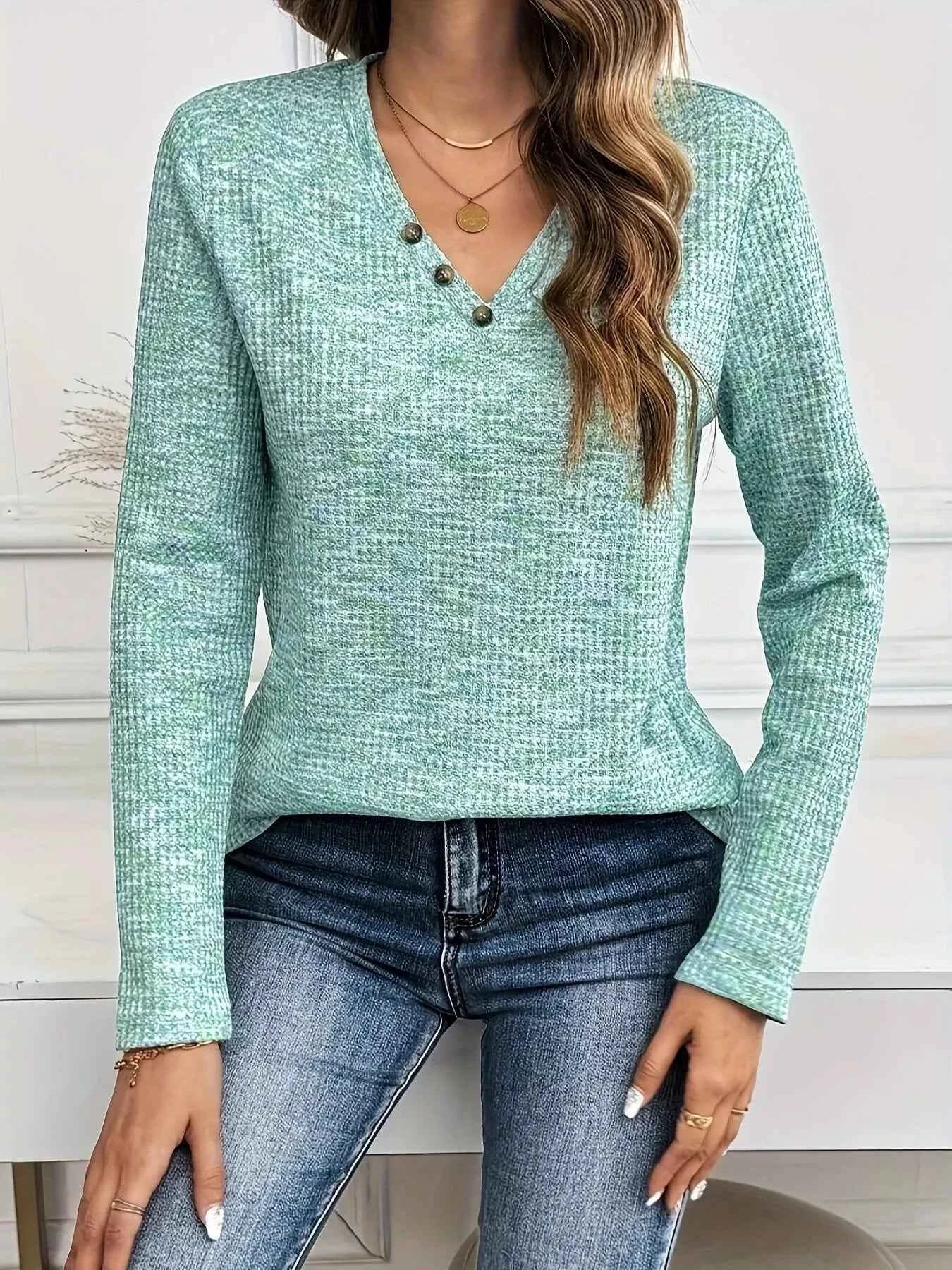 Decor Button V-Neck Long Sleeve Top eaad633393e740a382e4ff4cee96b6f0-Max-Origin