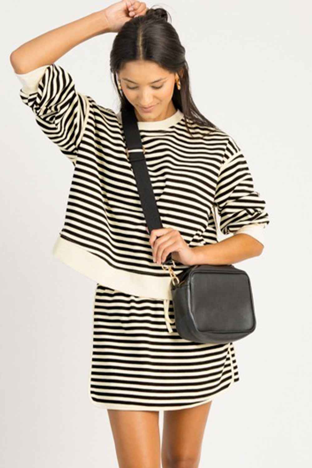 Black Stripe Textured Drop Shoulder Pullover Top Drawstring Mini Skirt Two Piece Dress Set eaafaf94ae8fca31