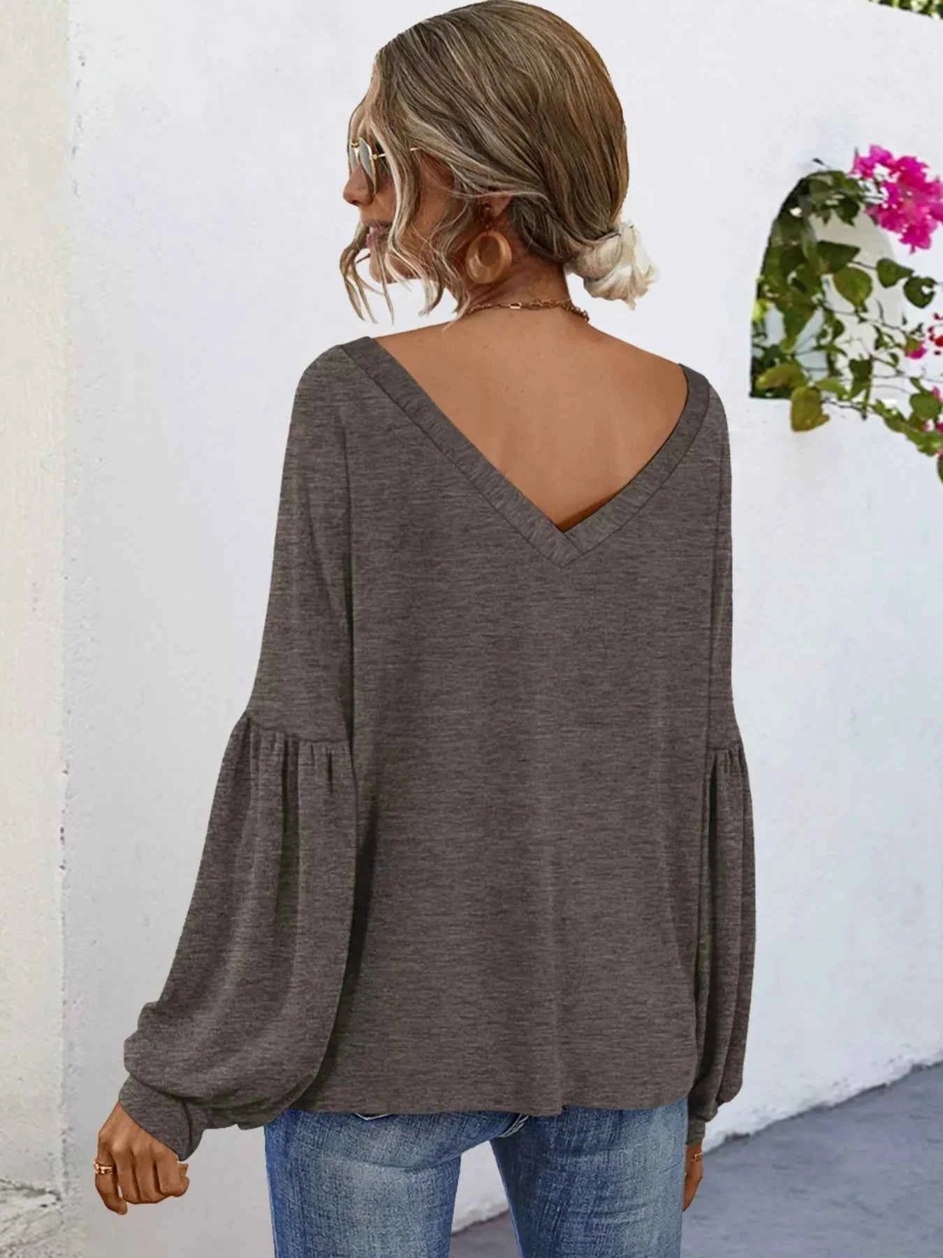 Oversized V-Neck Long Sleeve Blouse eaafc476-5bda-41f9-b7ab-24d6297203c4-Max-Origin