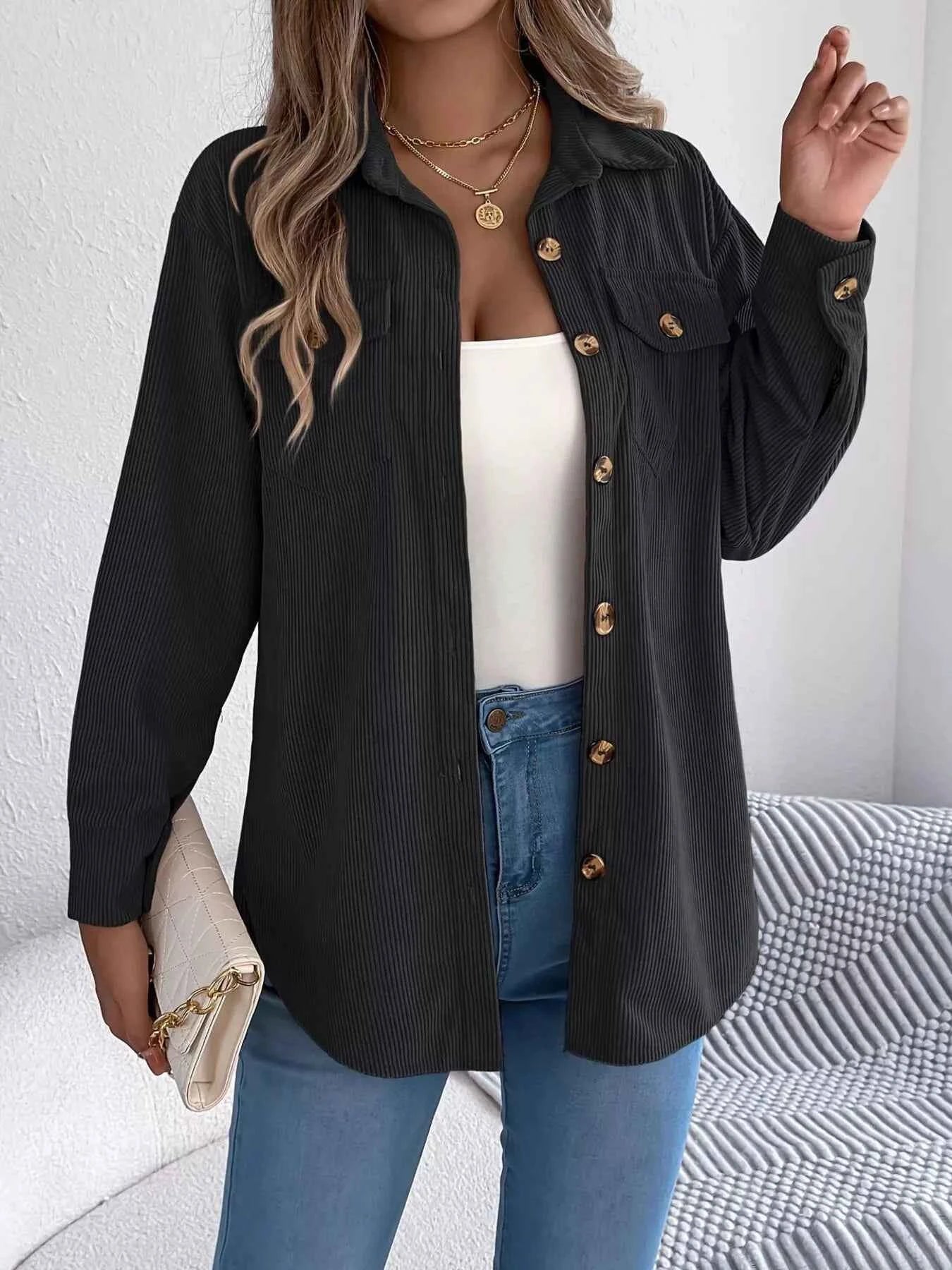 Corduroy Button-Up Long Sleeve Shacket Black eab00af33d854f8da7dd7138a81cfa16-Max-Origin