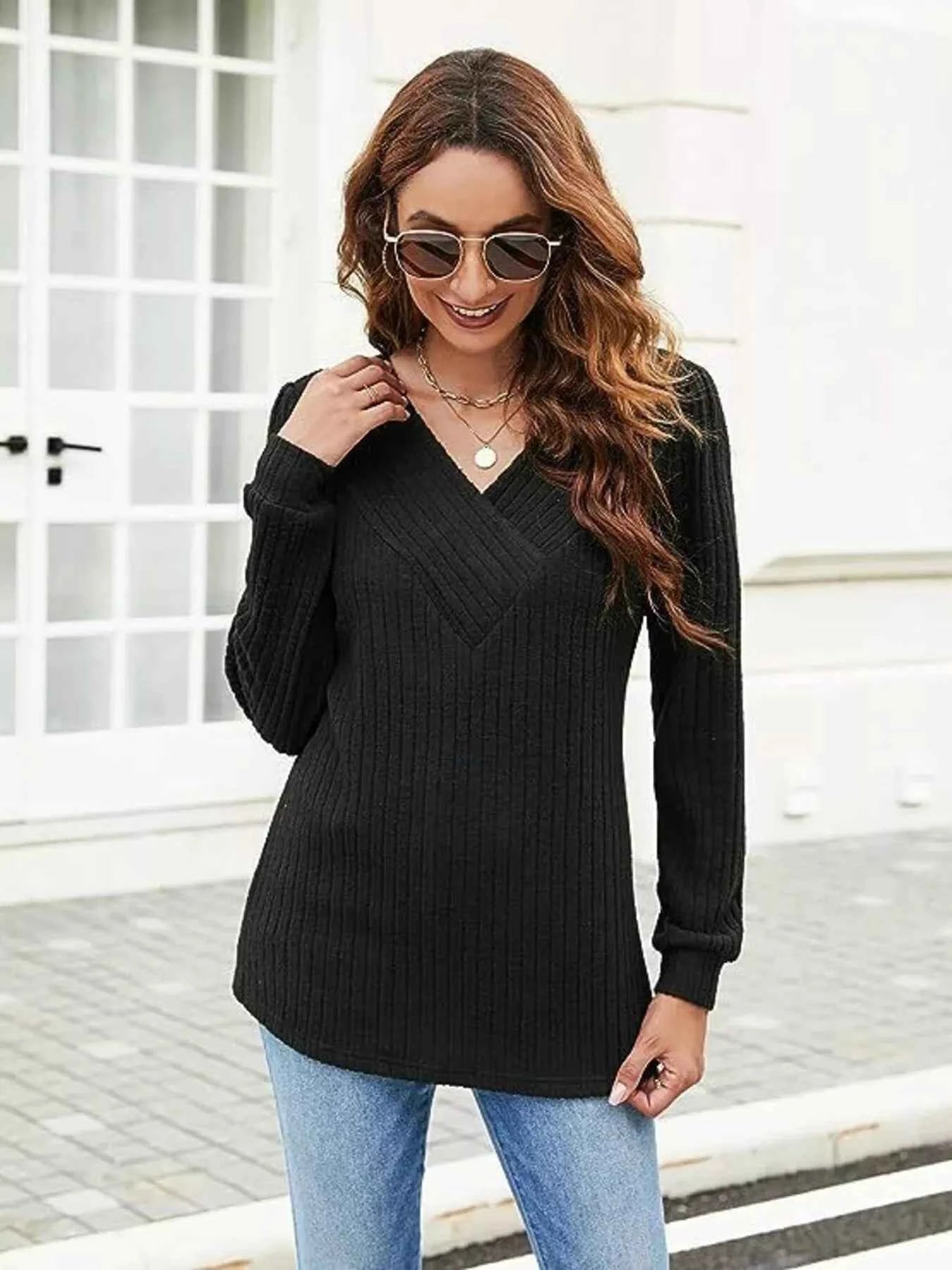 V-Neck Ribbed Long Sleeve Knit Top eabaac07aaff4d359673cf7cc9bb1199-Max-Origin