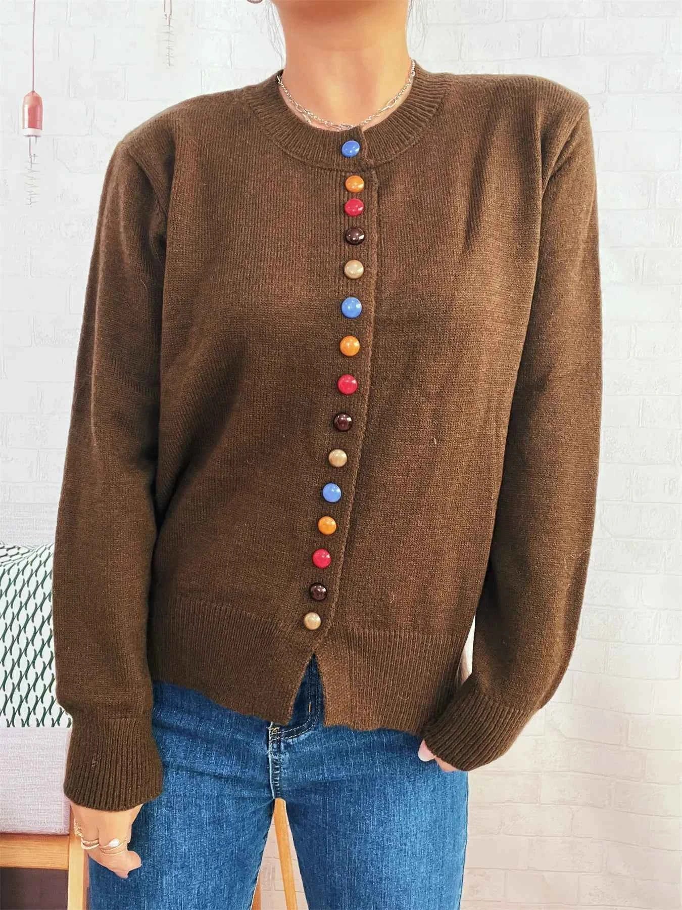 Button Up Long Sleeve Cardigan Brown One Size eabb55ffa1094b96aff52a3ddfdc6148-Max-Origin