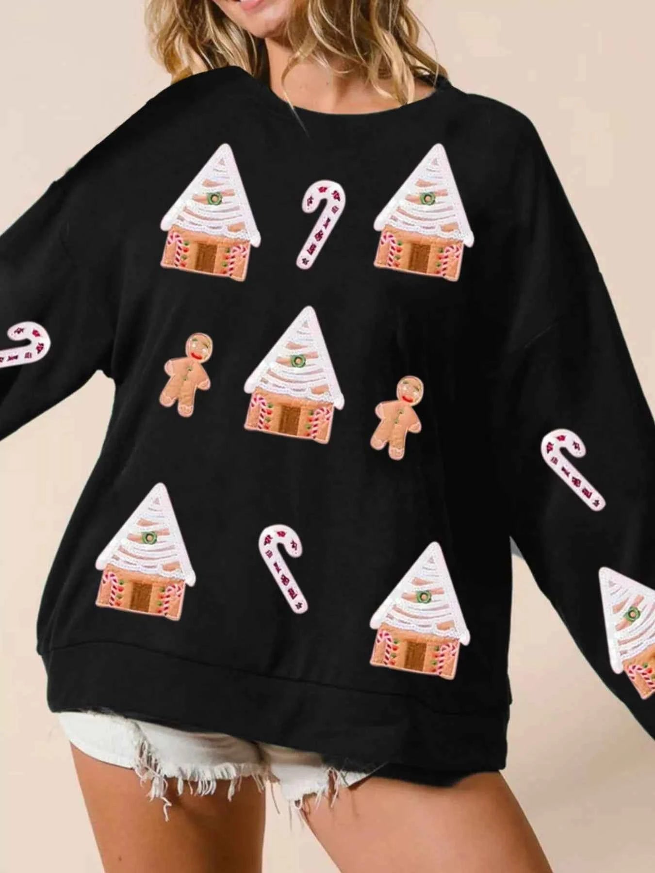 Christmas Gingerbread House Sequin Sweatshirt Black eabeb027-719d-4324-808b-925382f6ec69-Max-Origin