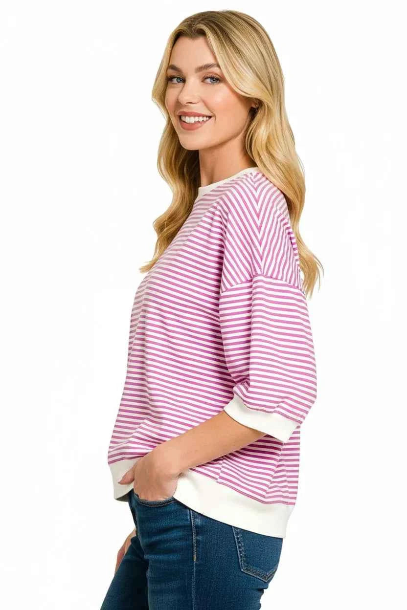 Zenana Striped Contrast Trim Banded Bottom Top eac16494-4d85-4cb6-b4c5-035f34b0aa28-Max-Origin
