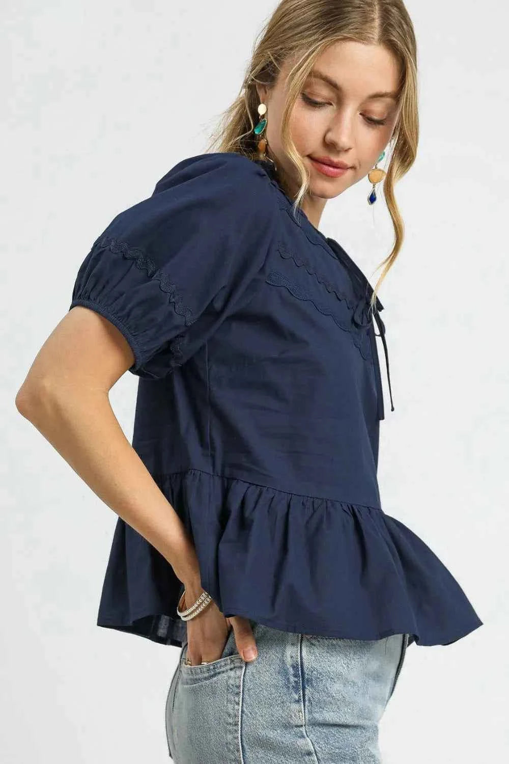 Umgee Tie Front Puff Sleeve Blouse eac58b93-787a-4e94-aabc-4473cbd5e284-Max-Origin