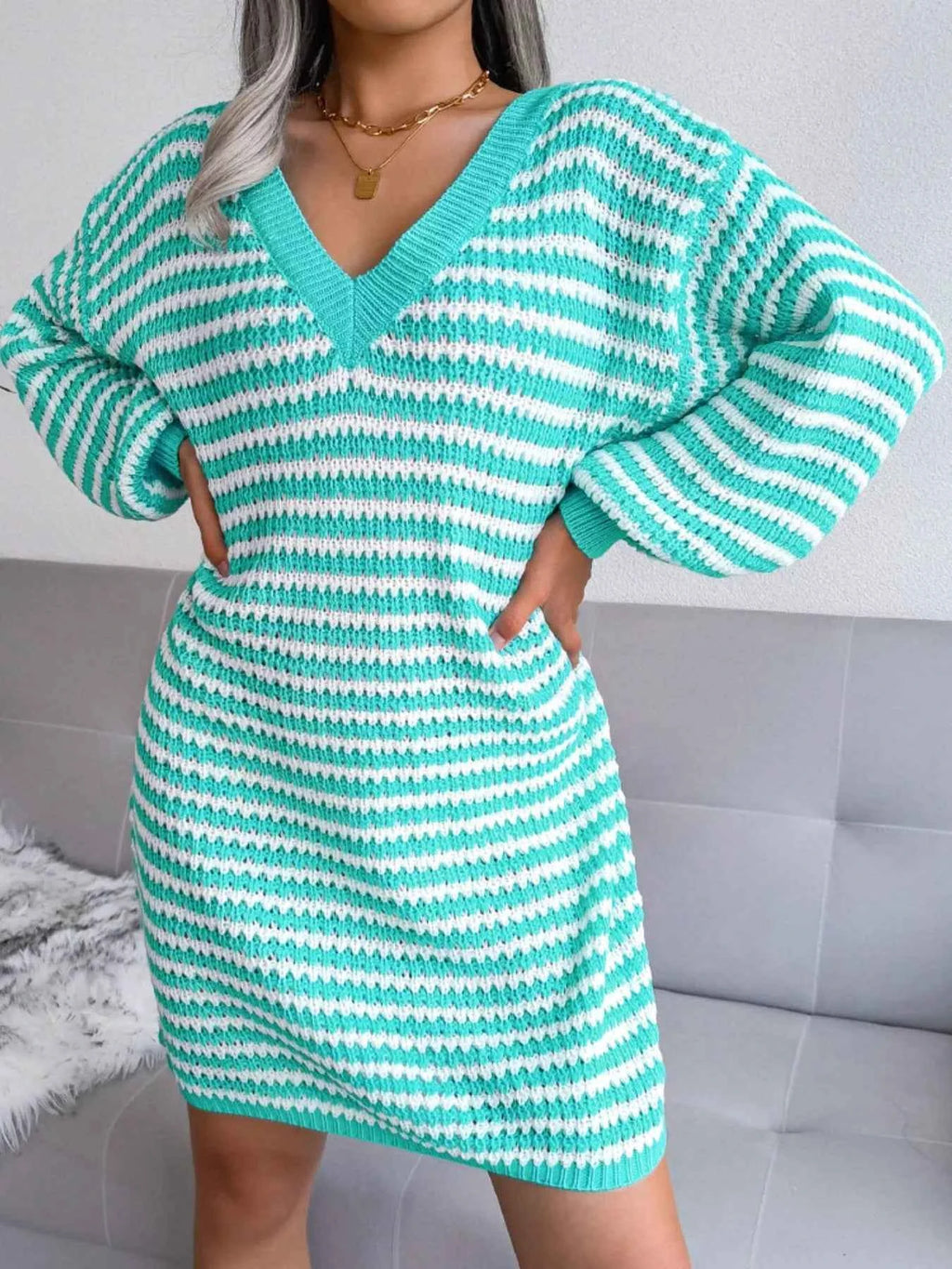 Striped V-Neck Long Sleeve Sweater Dress eac76d82-f6d1-4d75-8134-105af96c3563-Max-Origin