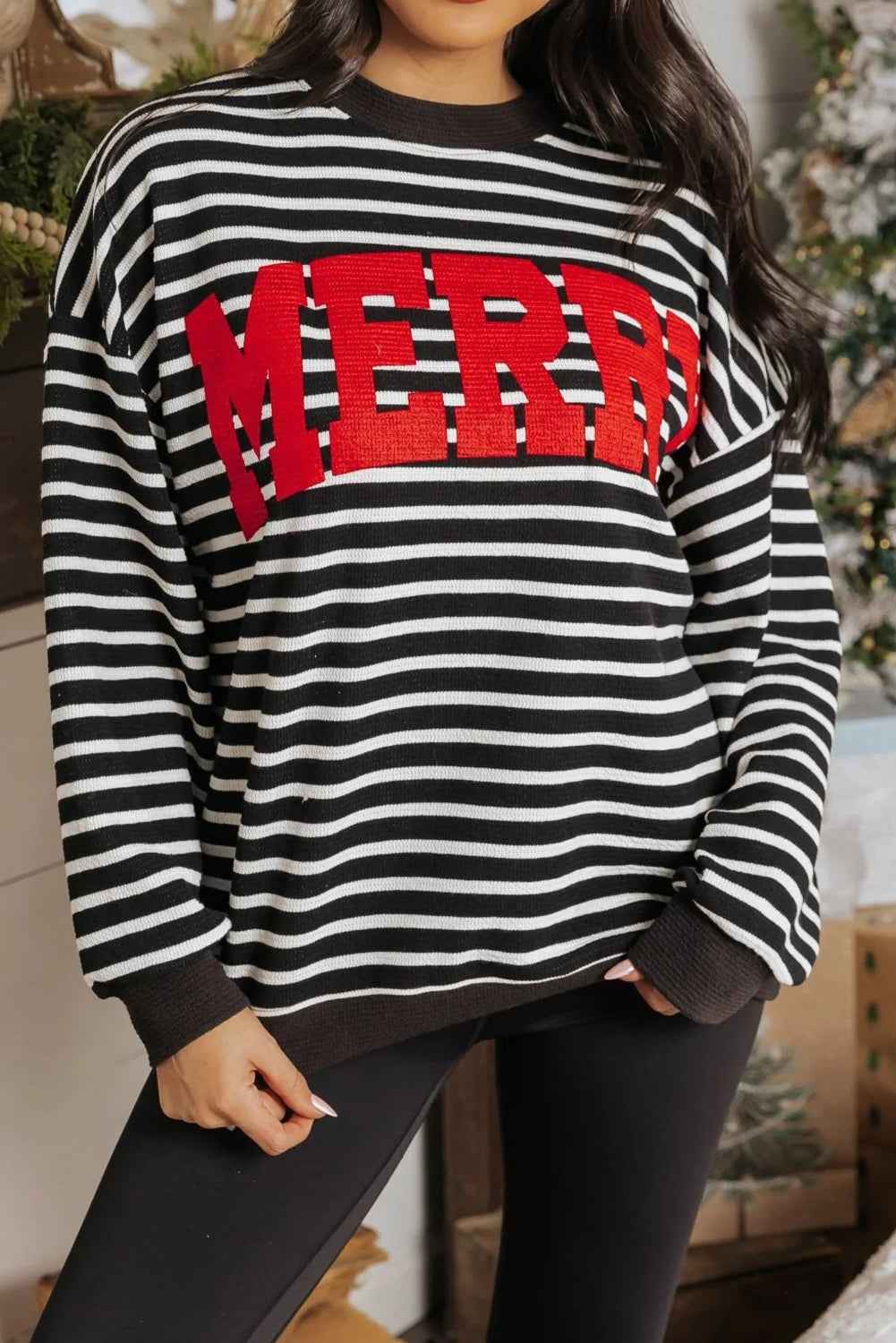 Black Stripe MERRY Letter Print Christmas Sweatshirt Black Stripe 85%Polyester+10%Viscose+5%Elastane eaca72b59d56c51b