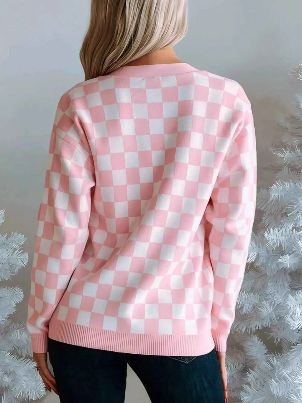 Christmas Tree Pattern Checkered Button V Neck Cardigan eacb96ae-3a94-45af-9e99-8fe0bc2713e8-Max-Origin