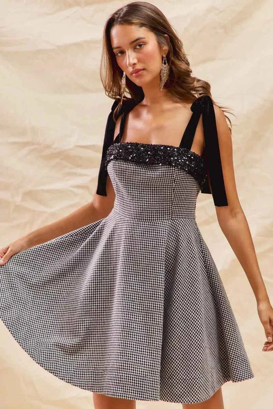 Houndstooth Fit Flare Mini Dress with Shoulder Tie ead1f3eaf24f4d2c9108f427a2abcd08-Max-Origin