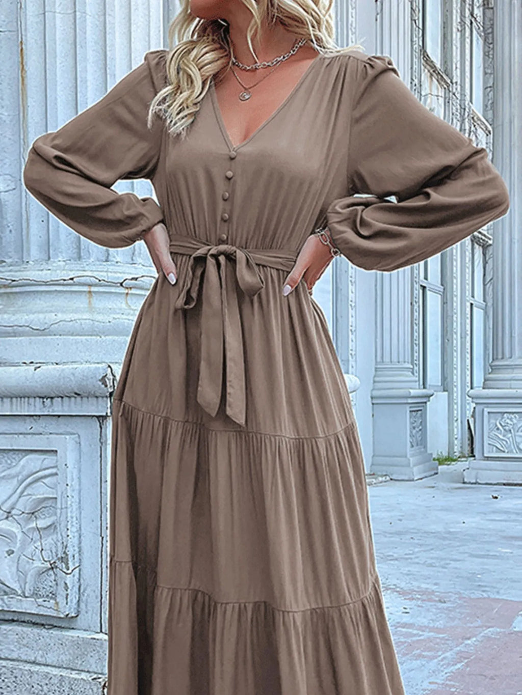 Ruffled Hem V-Neck Balloon Sleeve Dress ead3b31b-0ae8-48c6-9cd6-326999f2f16e-Max-Origin